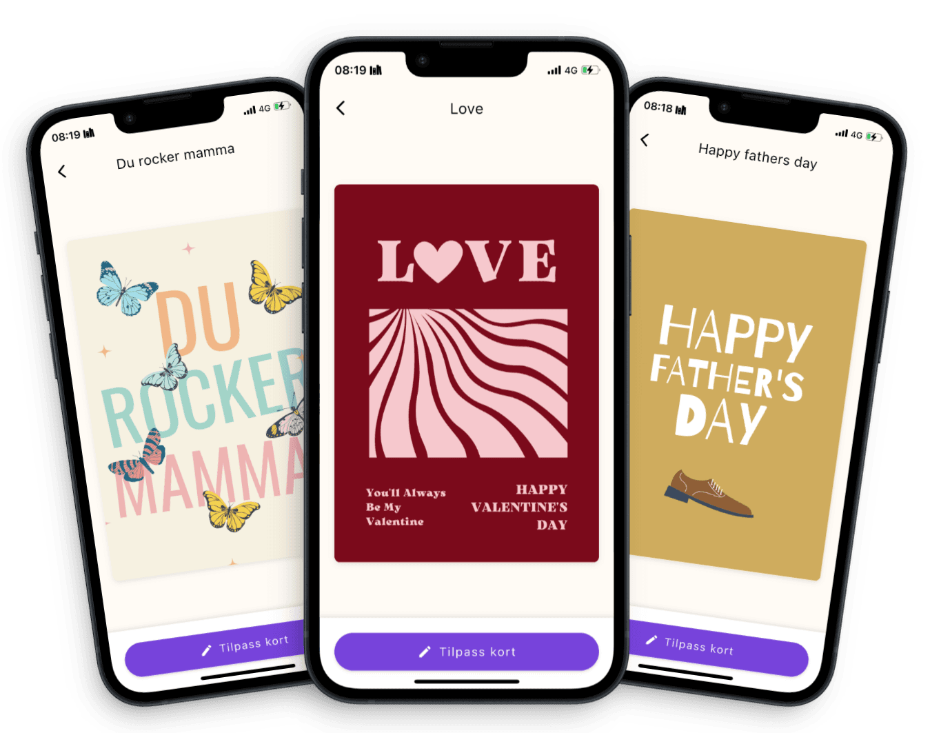 Forhåndsvisning av ulike gratulasjonskort i appen