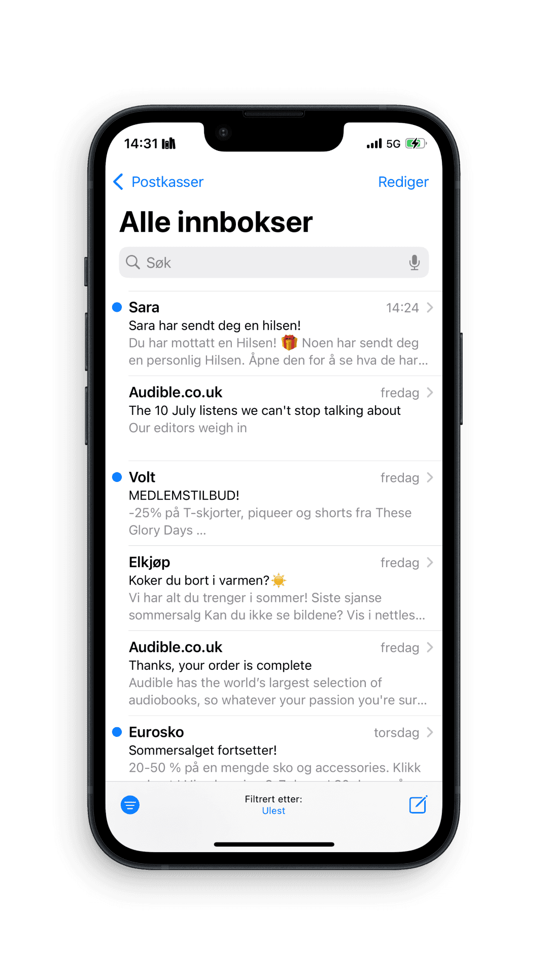iPhone-ramme som viser hvordan e-postvarsling fungerer i Hilsen-appen